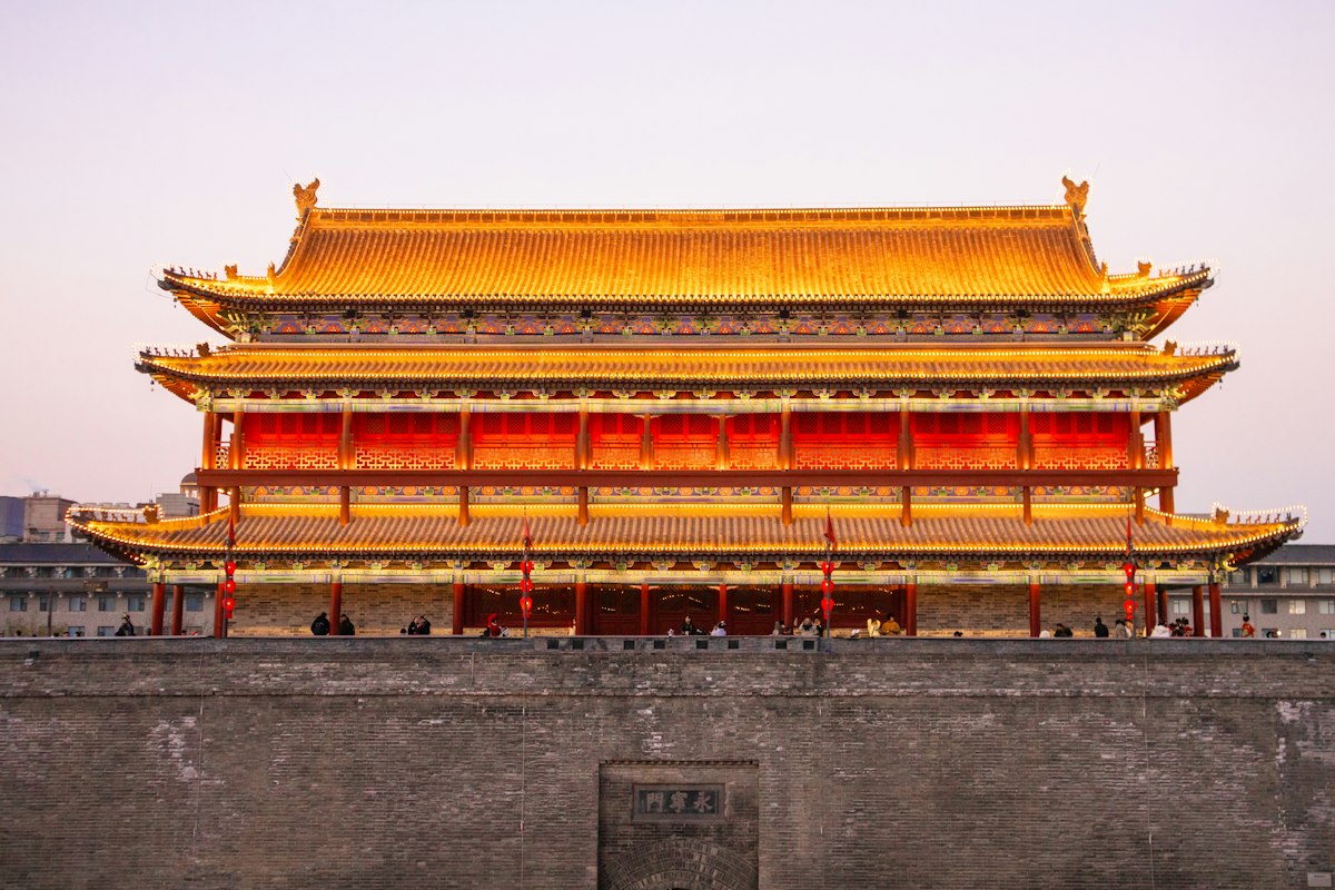Traditional Chinese palace architecture at dusk